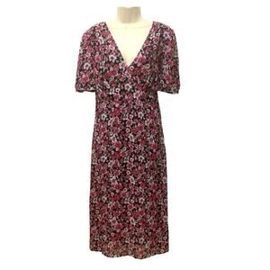 H&M Black Pink Floral V Neck Puff Sleeve Midi Dress Side Slits L